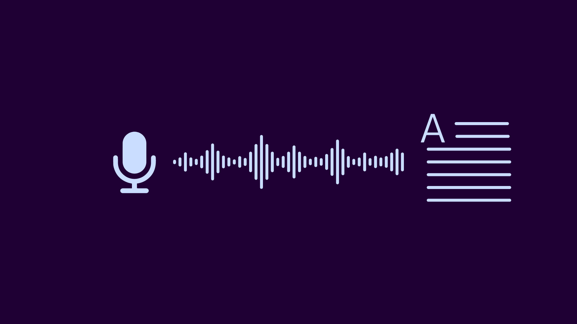  The image displays a visual representation of speech recognition. It consists of three main elements against a dark purple background:  On the left, there is a circular icon featuring a blue microphone symbol, indicating the audio input for speech recognition. In the center, there are waveforms in a cyan-blue color, symbolizing the sound waves created by spoken words. On the right, there is a rectangular block of text, also in cyan-blue, representing the transcribed output of the speech recognition process. The design uses a minimalistic style with a focus on the flow from speech (microphone icon) to sound waves (audio representation) to text (transcription output).